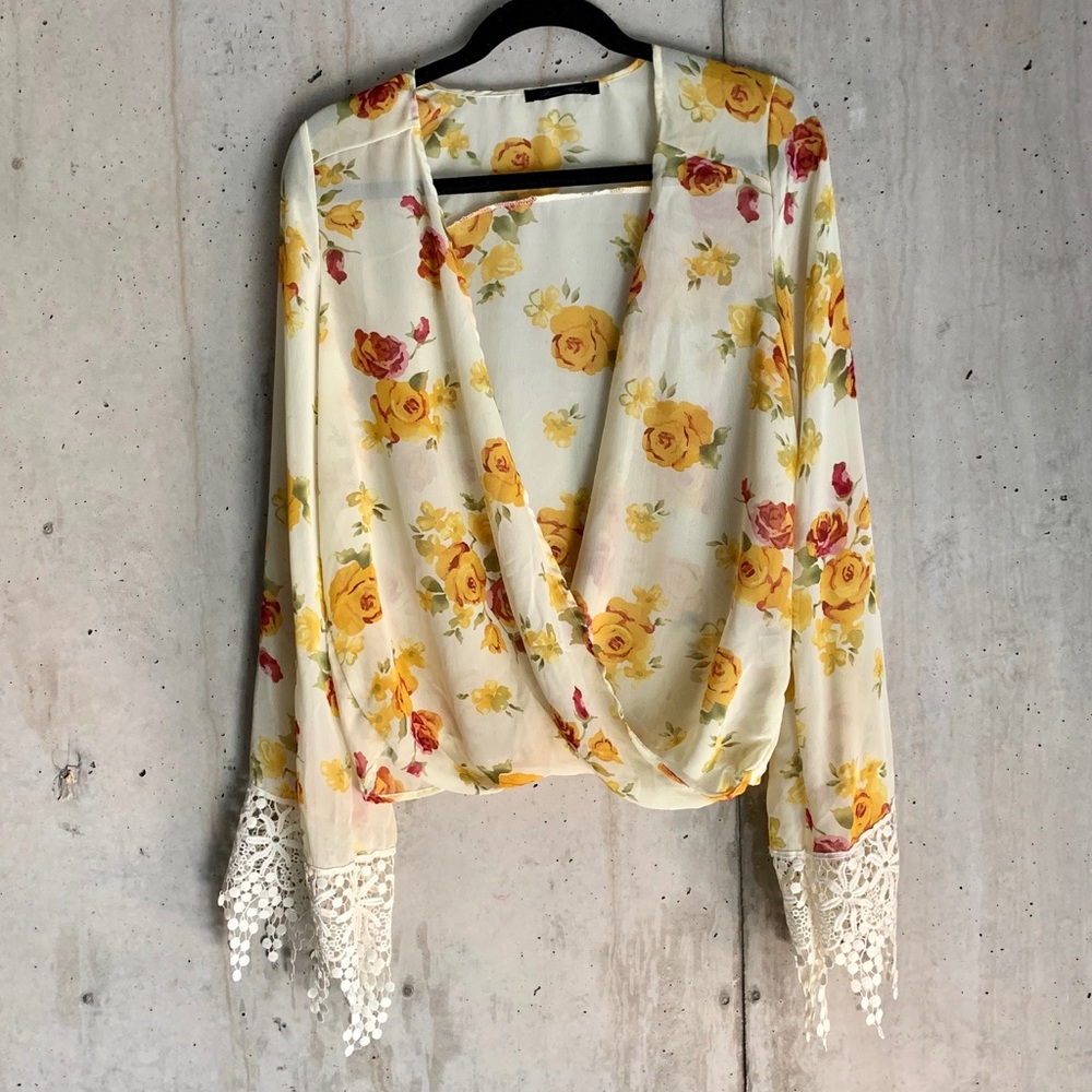 Sheer Yellow Floral Lace Bell Sleeve Blouse